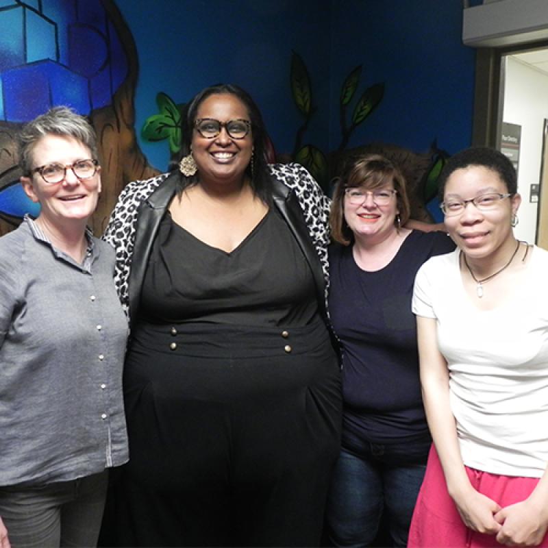 Sabrina with WGSS Staff Members Shannon Winnubst, Alum Sabrina Hersi Issa, Lynaya Elliott, and Elysse Jones