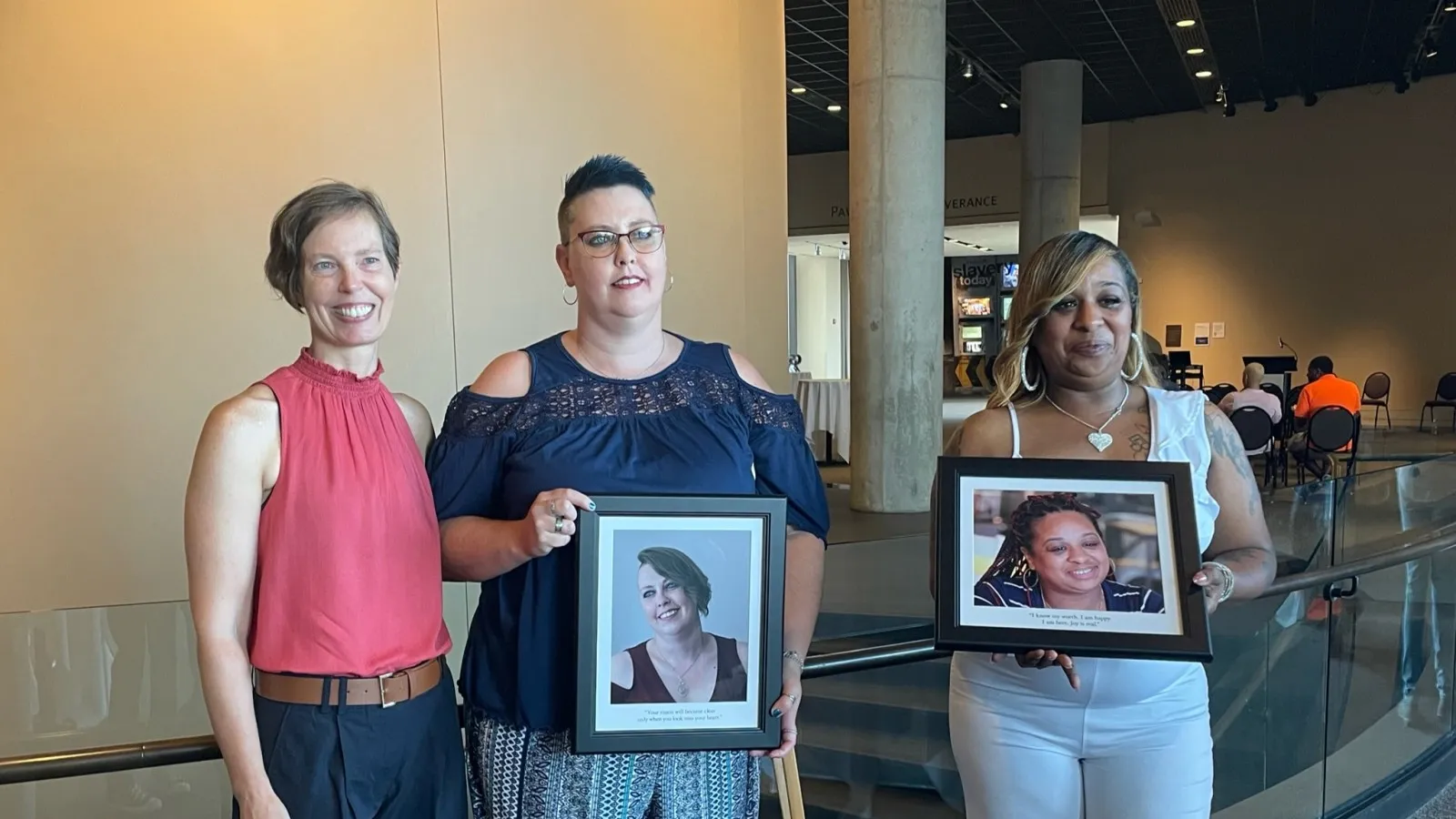 Dr. Jennifer Suchland (left) with two Beyond Guilt storytellers, Carin Madden (center) and Auria Morales (right)