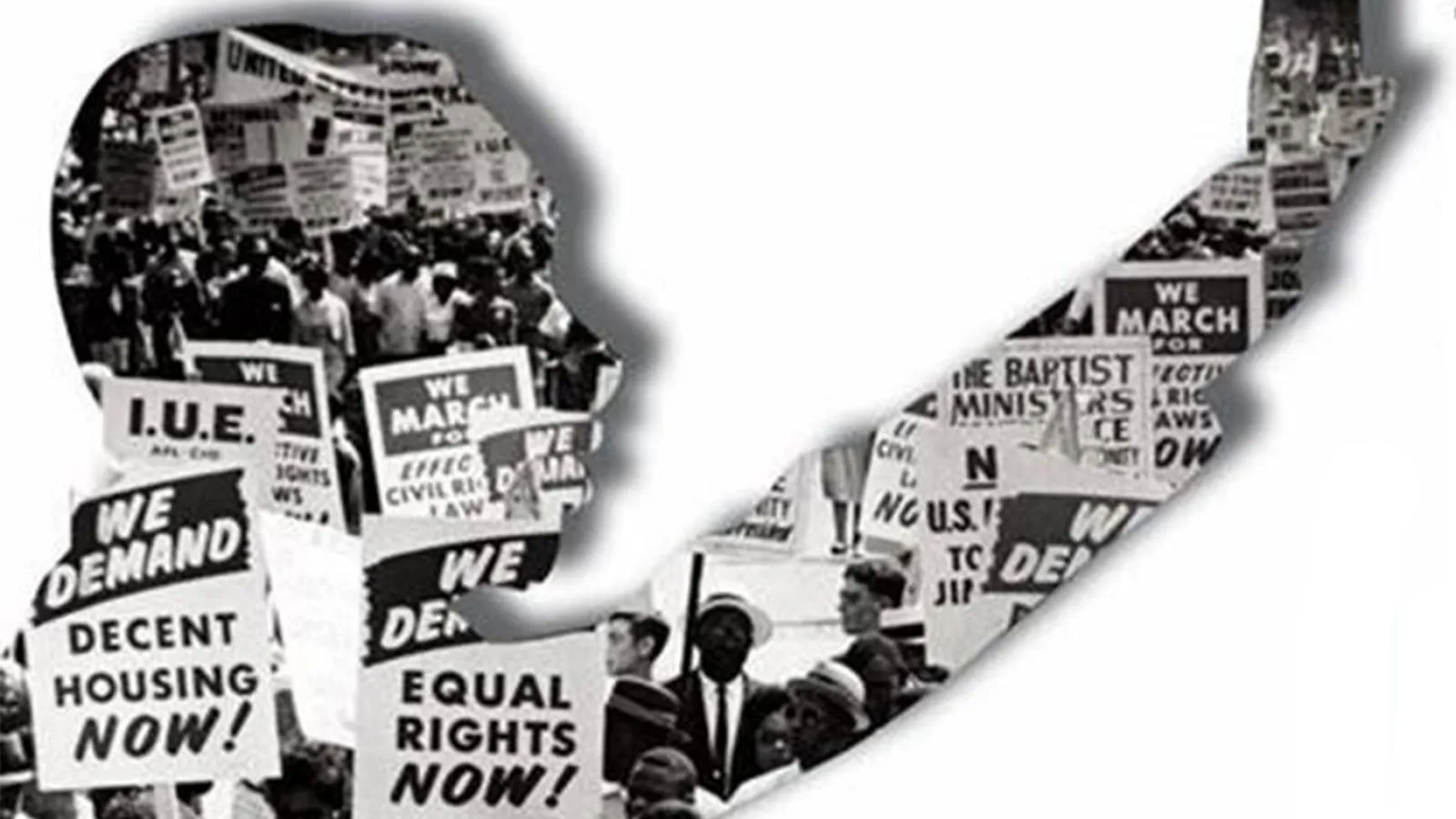 Silhouette of Dr. Martin Luther King Jr. with civil rights activists pictured inside.