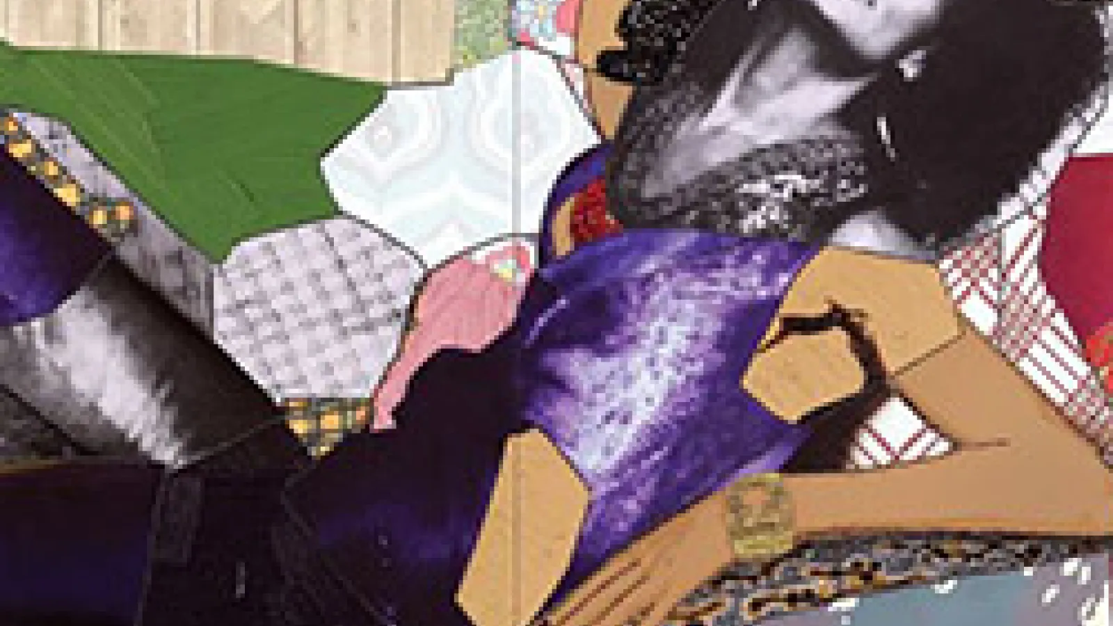 Art by Mickalene Thomas, titled Racquel Reclining Wearing a Purple Jumpsuit