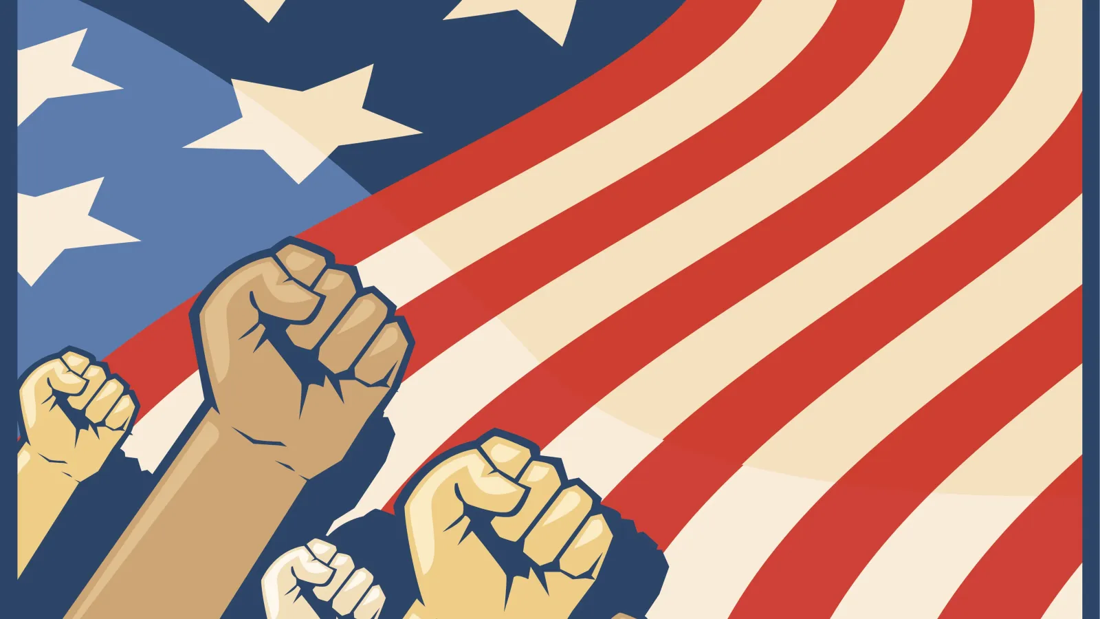 Arms and fists raised in front of the American flag.