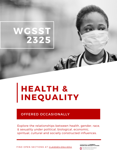 Flyer advertising WGSST 2325 - Health & Inequality with course description and GE categories