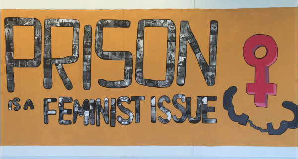 Words "Prison is a Feminist Issue" made with pictures of prisons and incarcerated women.