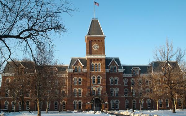 University Hall with blue skies and snow on the ground