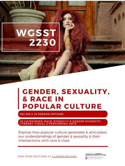 Flyer advertising WGSST 2230 - Gender, Race and Sexuality in Pop Culture course flyer and description