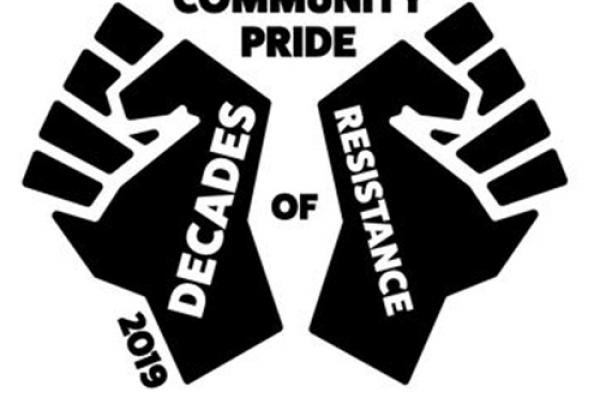 Community Pride 2019 Logo- Two fists with "Decades of Resistance" written