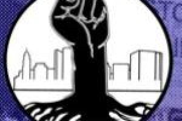 A tree-like rooted black power fist growing from the ground with the Columbus skyline in the background.