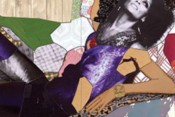 Art by Mickalene Thomas, titled Racquel Reclining Wearing a Purple Jumpsuit