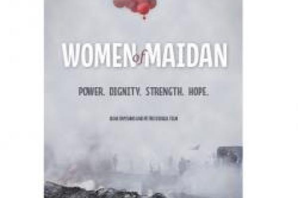 Women of Maidan film cover Photo of ground on fire and people in the background in Ukraine.