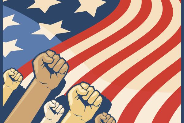 The New American Electorate Beyond the Voting Booth Arms and fists raised in front of the American flag.