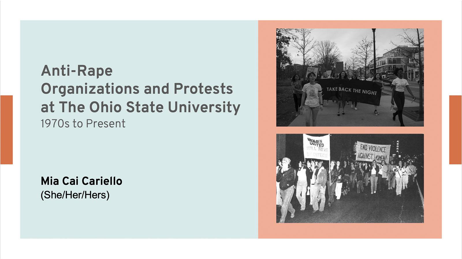 PowerPoint Slide that reads "Anti-Rape Organizations and Protests at The Ohio State University: 1970s to Present"
