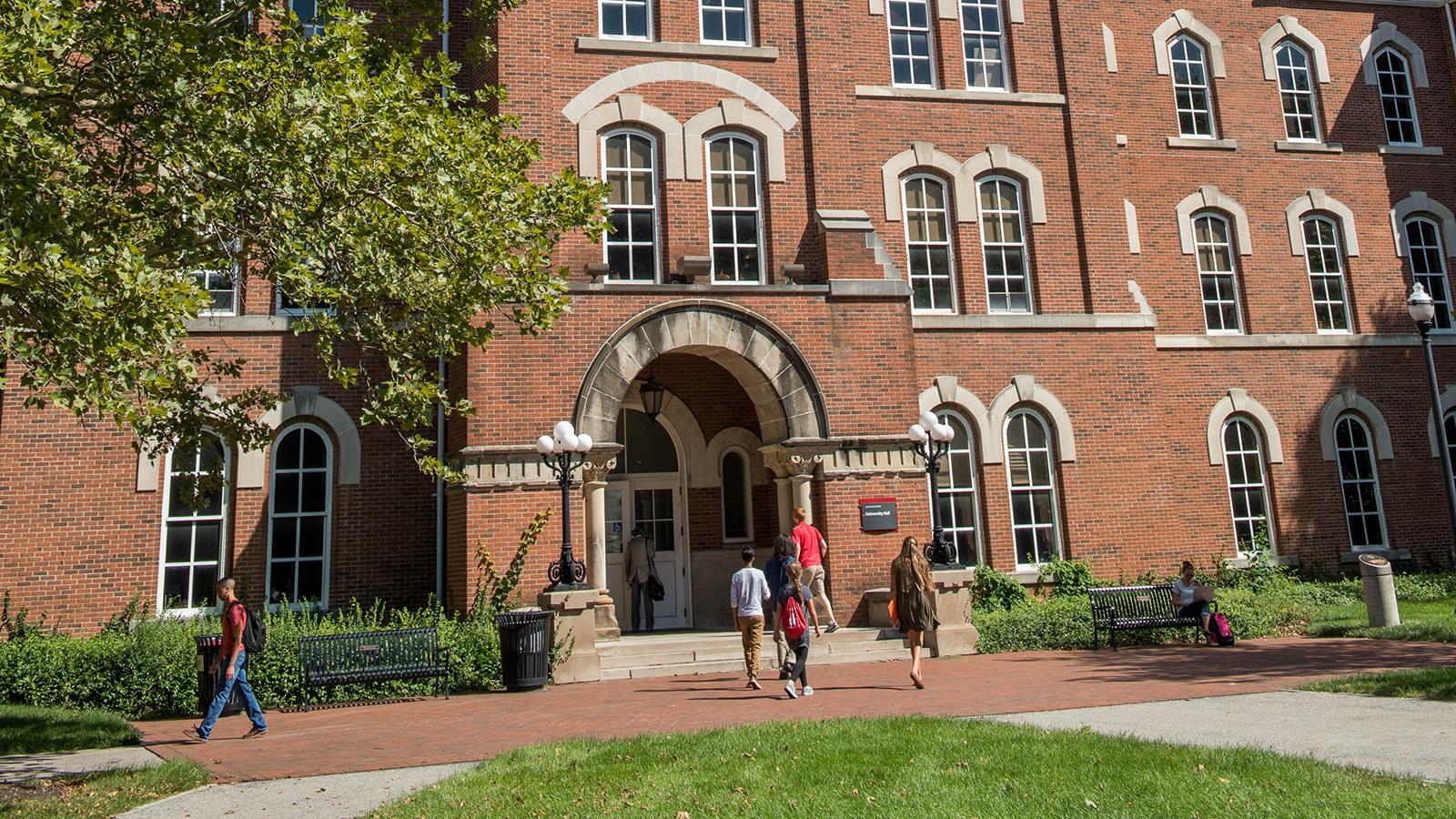 University Hall with people walking in front